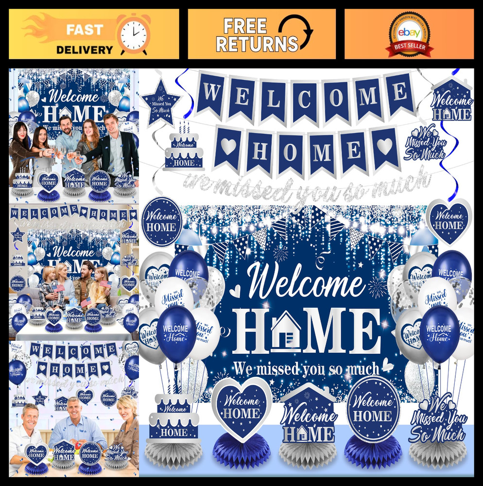 Welcome Home Decorations Set – Blue Silver Banner, Balloons, Honeycomb Centerpie