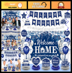 Welcome Home Decorations Set – Blue Silver Banner, Balloons, Honeycomb Centerpie