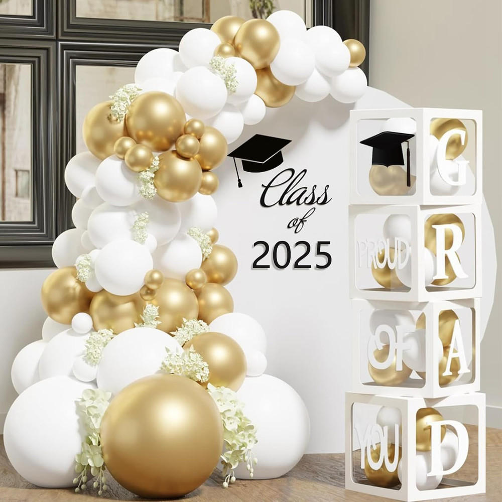 Graduation Decorations 2025,4 Pcs Transparent Balloon Boxes with Letters of GRAD