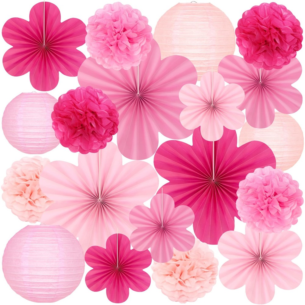 19 Pcs Pink Party Decorations, Light-Hot Pink Hanging Lanterns, Flowers Fans,…