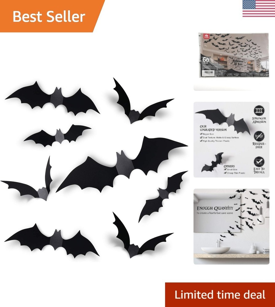 60PCS Halloween Bats Decoration, 4 Different Sizes Realistic PVC Black 3D Sca…
