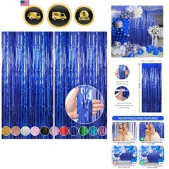 2 Pack 3.3 x 9.9 ft Dark Blue Foil Fringe Curtains Party Decorations, Blue Ti…