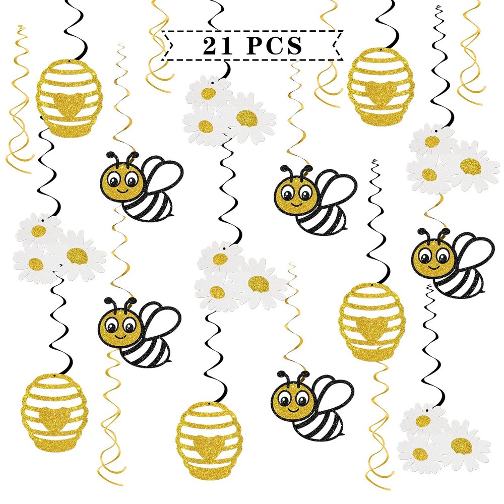 Honey Bumble Bee Hanging Swirl Decorations – Glitter 21 Pcs Bee Baby Shower P…
