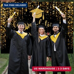 Class of 2026 Graduation Backdrop Black Gold Glitter 7x5ft Photo Booth
