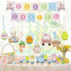 Easter Decorations Set, Happy Easter Banner, Hanging Swirls, Cake Toppers, Ho…