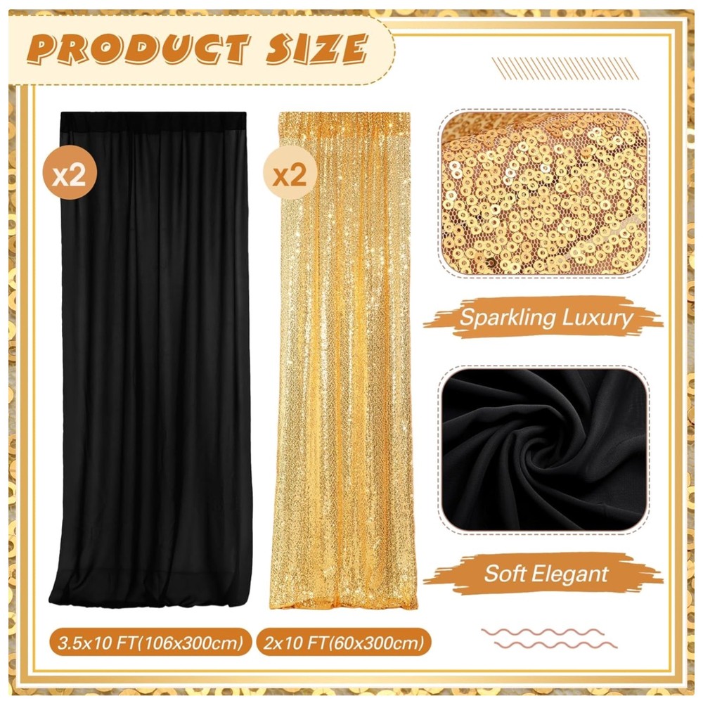 4-Panels Backdrop Curtains Set – Black Gold Sequin Chiffon