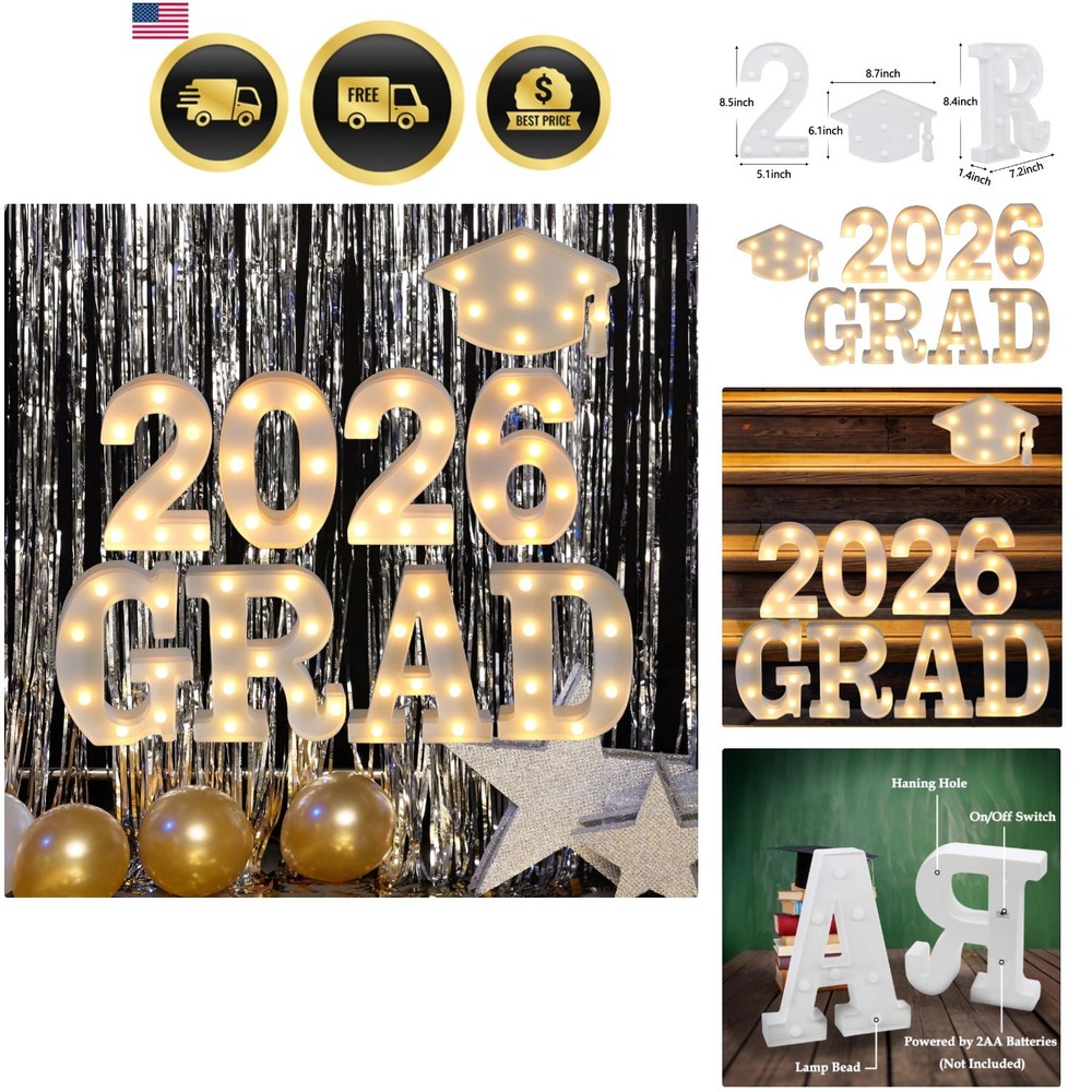 Elegant Graduation Decorations 2026: 8 LED Marquee Lights & Doctoral Hat Set