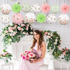 13PCS Spring Wildflower Bridal Shower Party Decorations Rose Paper Lanterns Pom