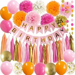 Pink and Orange Happy Party Decorations Hot Pink Gold Banner Balloons Décor S…