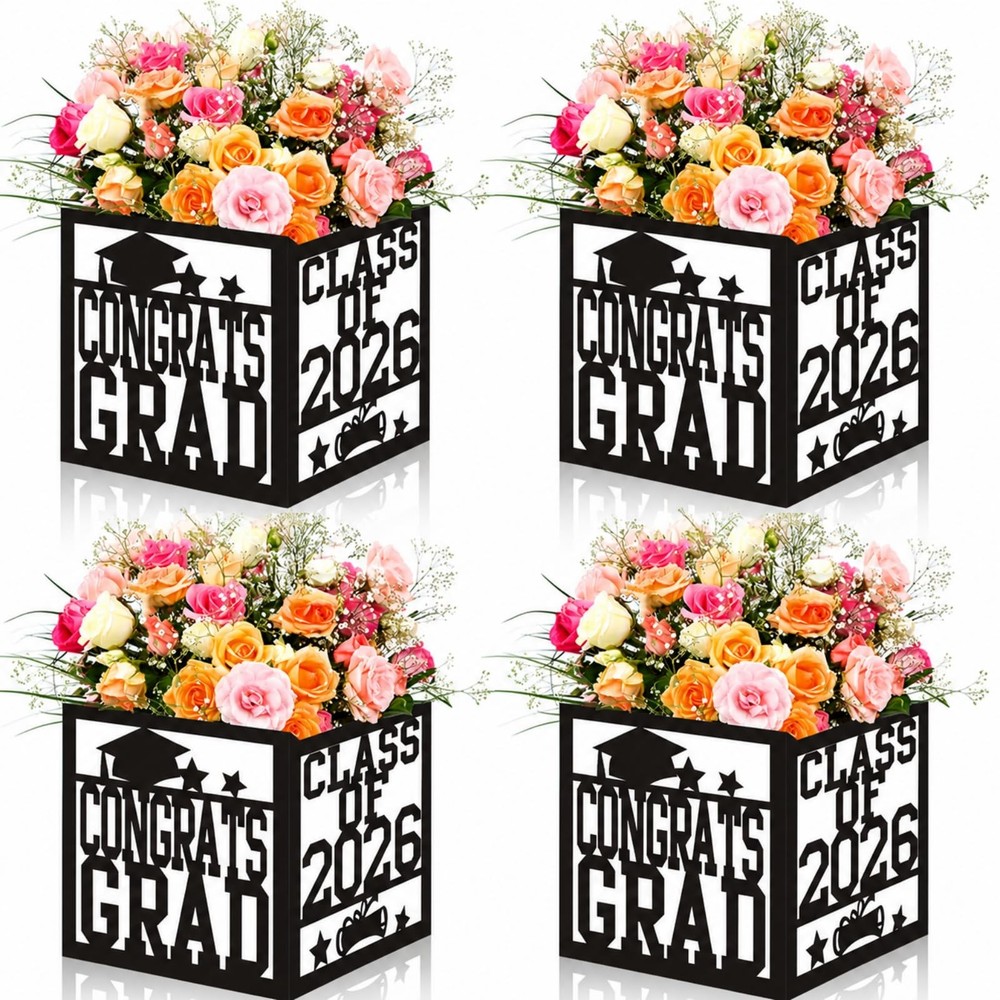 4 Pack 7x7x7.5 Inches Black and White Graduation Centerpiece Boxes with Laser…