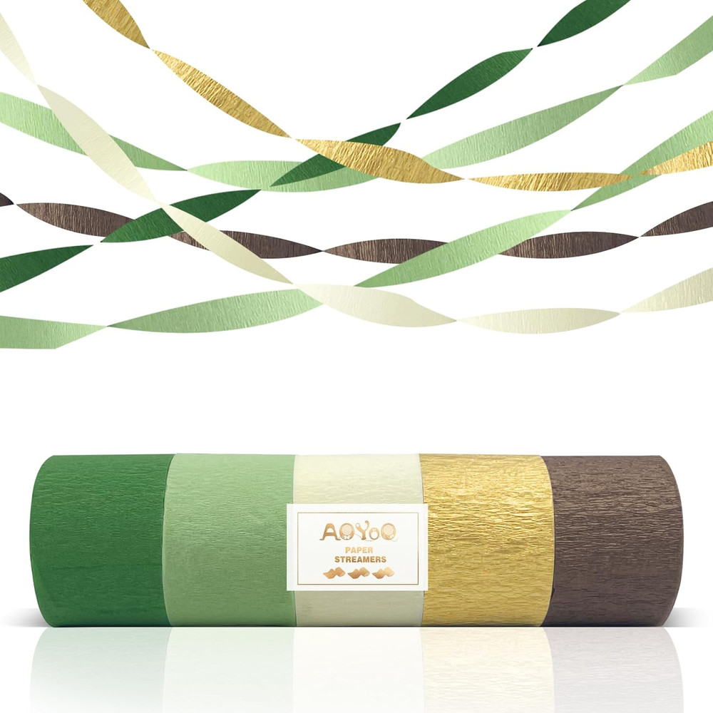 5 Rolls Crepe Paper Streamers – Sage Olive Green, Gold & Ivory Party Decorations