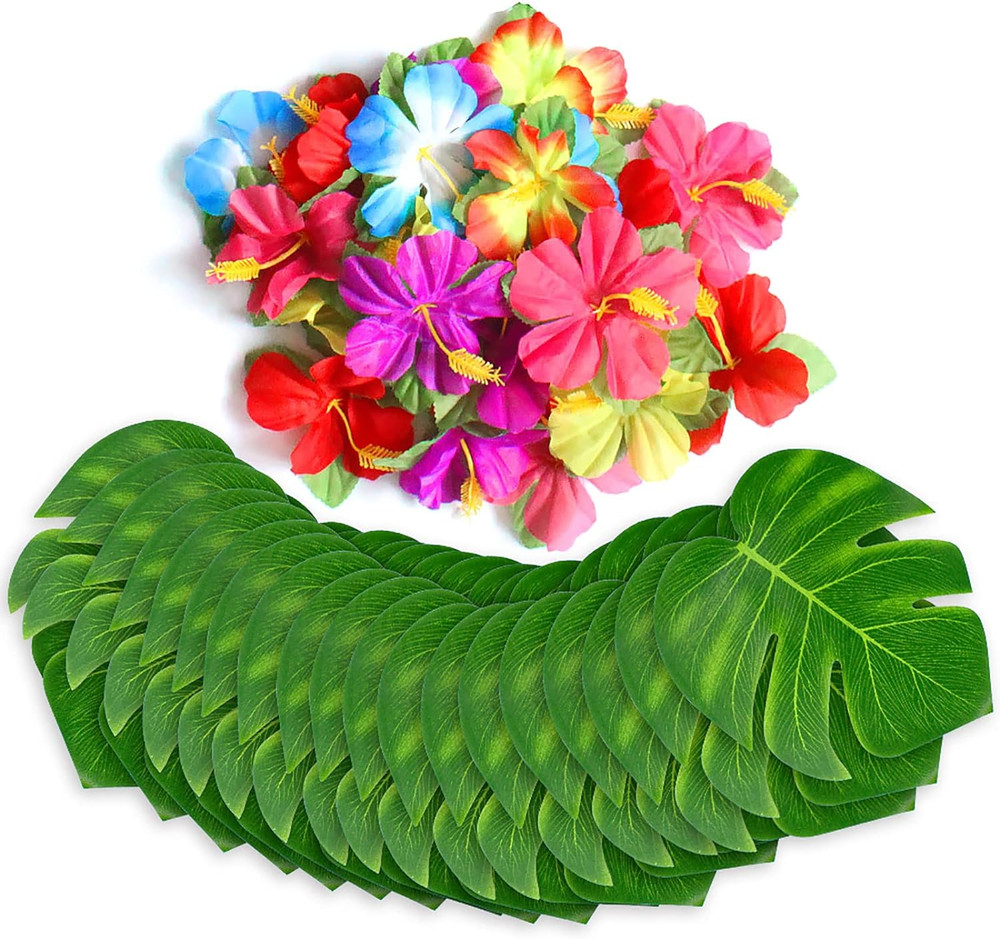 60Pcs Tropical Party Decorations Palm Leaves Hibiscus Flowers Luau Table Decor A
