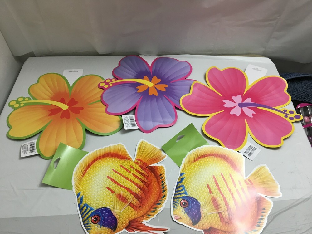New Luau party wall decorations 2 sided hibiscuflowers tropical fish cut outs
