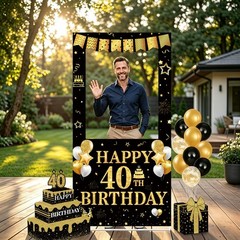 40th Decorations for Men, 29Pcs Photo Booth Prop Set with Freestanding Frame,…