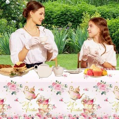Pink Floral Tea Party Tablecloth, Girls Tea Party Birthday Supplies 3pcs Let’s