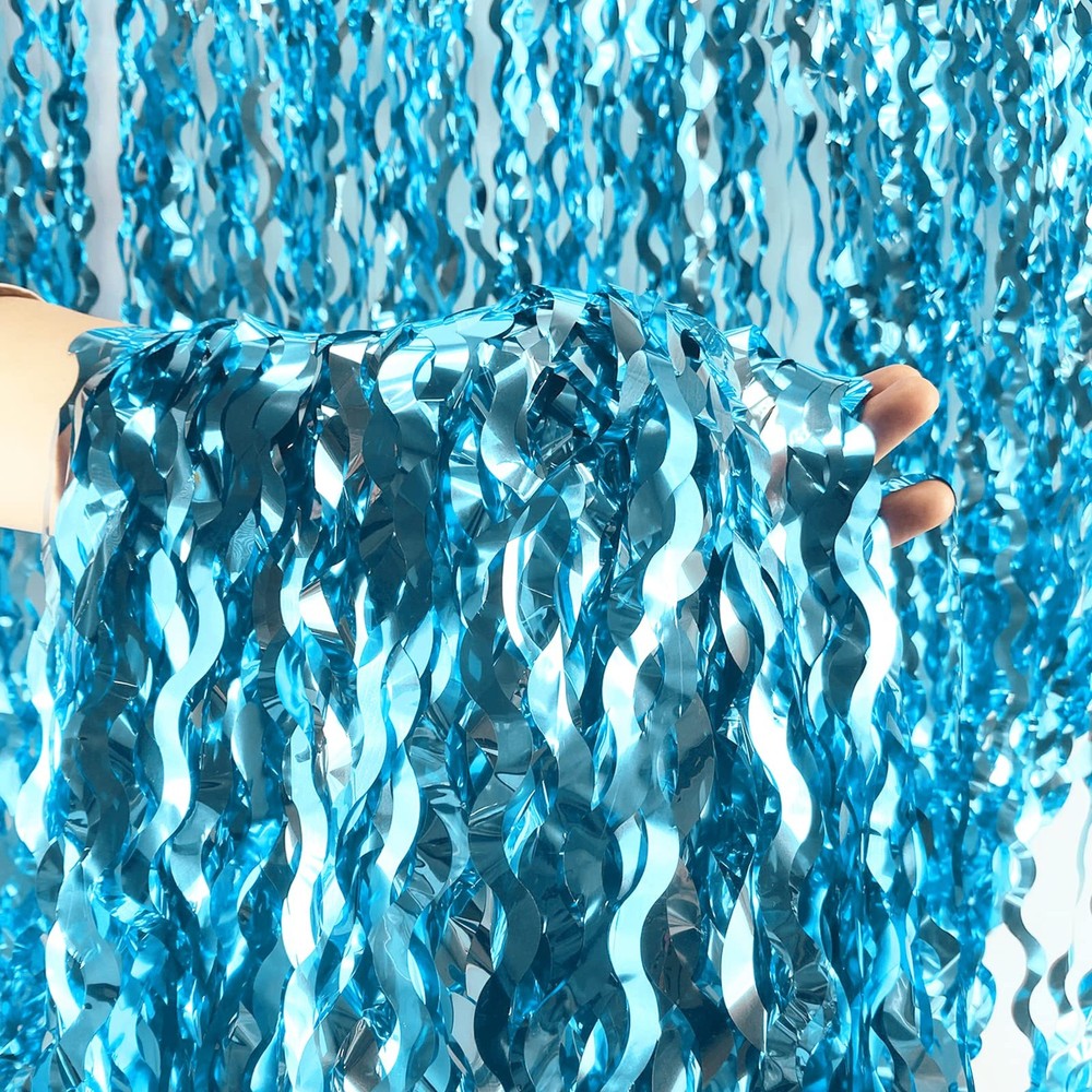 Wavy Tinsel Foil Fringe Curtains Teal Blue Streamers Backdrop for Ocean Theme…