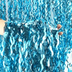 Wavy Tinsel Foil Fringe Curtains Teal Blue Streamers Backdrop for Ocean Theme…