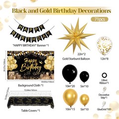 Black and Gold Birthday Decorations for Men Women, 71pcs Black and Gold Party…