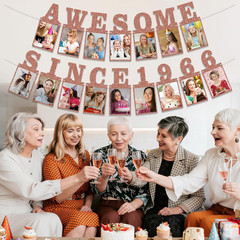 Pre-Strung Awesome since 1966 Photo Banner Birthday Decorations for Women- Pink