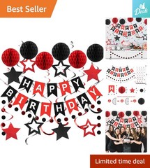 Vibrant Red & Black Birthday Decorations Set with Banner & Honeycomb Balls