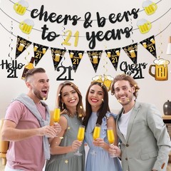 Black Gold 21st Birthday Decorations for Him Men, Glitter Pre-Strung Cheers…