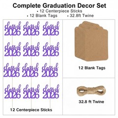 12 Pack Double Sided Graduation Centerpiece Sticks, Blank Kraft Tags & Twine – C