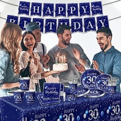 142 Pcs 30th Birthday Tableware Set Decorations Sliver and Blue 30th Happy Bi…