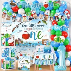 Ofishally One Birthday Decorations,161pcs Gone Fishing 1st Birth day Party Banne