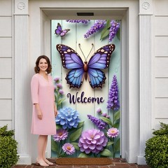 Welcome Butterfly Door Cover Spring Summer Door Banner Decorations Hydrangea…