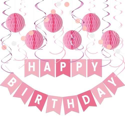 Birthday Decorations Kit – 16-Piece Set with Pre-Strung Happy Birthday Pink