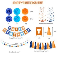 Orange Blue Birthday Decorations Set for Boys Men Women, Happy Birthday Banner