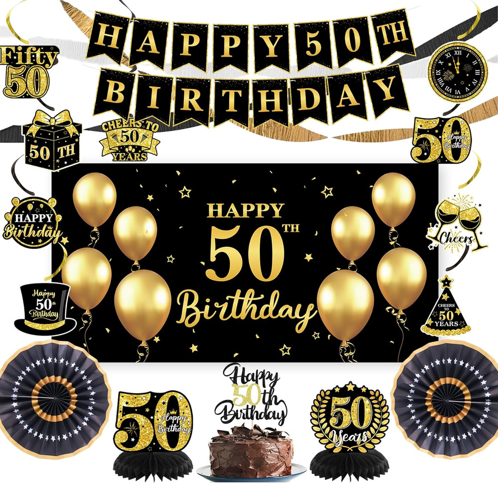 50Th Birthday Decorations, Black Gold 50 Years Old Birthday Party Supplies, Gold