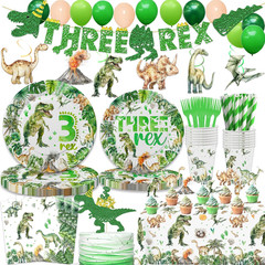 208 Pcs Dinosaur 3Rd Birthday Party Supplies, Green Dino Three Rex Birthday Deco