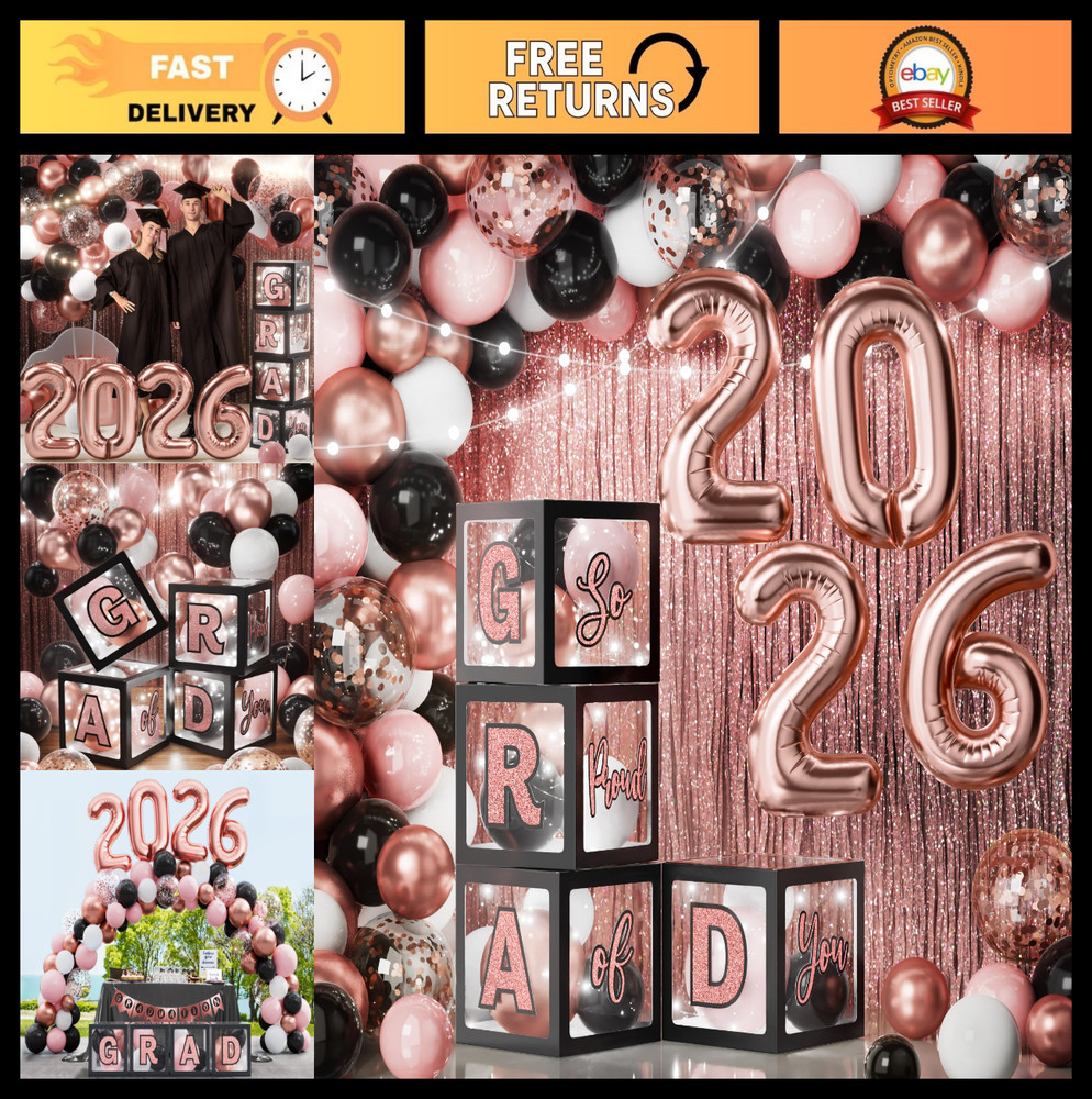 2026 Graduation Party Decorations – 86PCS Black & Pink Balloon Arch Kit, LED Lig