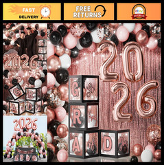 2026 Graduation Party Decorations – 86PCS Black & Pink Balloon Arch Kit, LED Lig