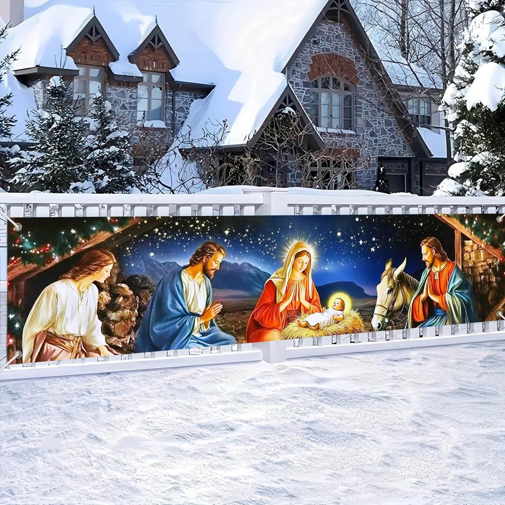 Nativity Scene Banner 79×18 Inches Christmas Fence Banner Holy Night Yard Dis…