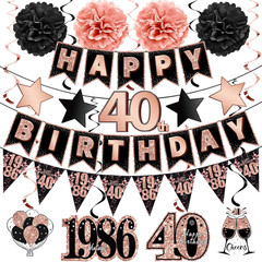 12PCS Black Rose Gold 40Th Birthday Decorations Kit for Women, Pre-Strung Happy