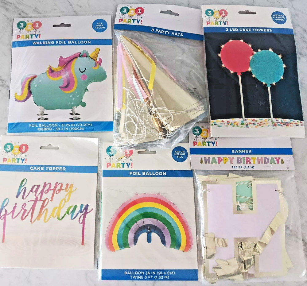 321 Party! Birthday Balloons LED CAKE TOPPER, HATS, BANNER, lot of 6 NEW