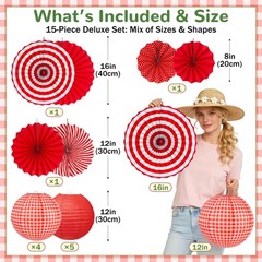 15 Pcs Red Gingham Party Decorations 12 Inch Paper Lanterns and Fans for Picnic