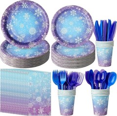 Paper Tableware Set 25 Pieces Blue Purple Snowflake Winter Holiday Party Supp…