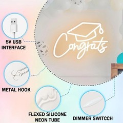 Congrats Grad Neon LED Sign Graduation Cap Warm White Adjustable brightness NIB