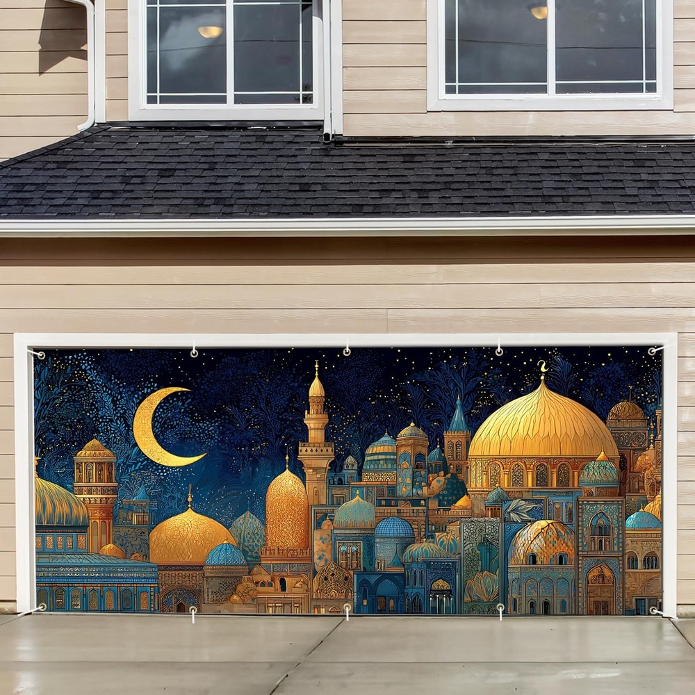 16x7Ft Ramadan Eid Garage Door Cover – Islamic Night Scene with Crescent Moon &