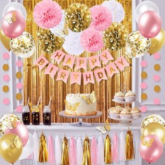 Birthday Party Decorations Pink Gold with Happy Birthday Banner Curtains Garland