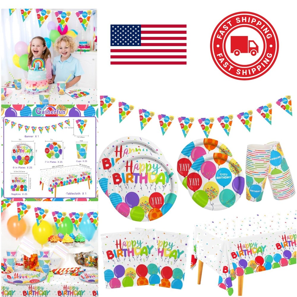 Multicolor Birthday Party Essentials Set for 25 Paper Plates Cups Napkins Banner