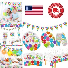 Multicolor Birthday Party Essentials Set for 25 Paper Plates Cups Napkins Banner
