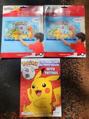 Pokemon Party Game 2 packs and coloring and activity book with tattoos pikachu
