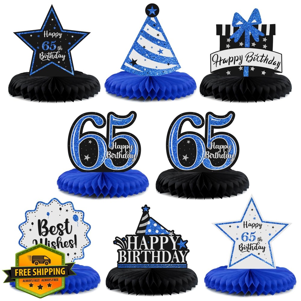 LASKYER 65th Birthday Shiny Blue Glitter Table Centerpiece