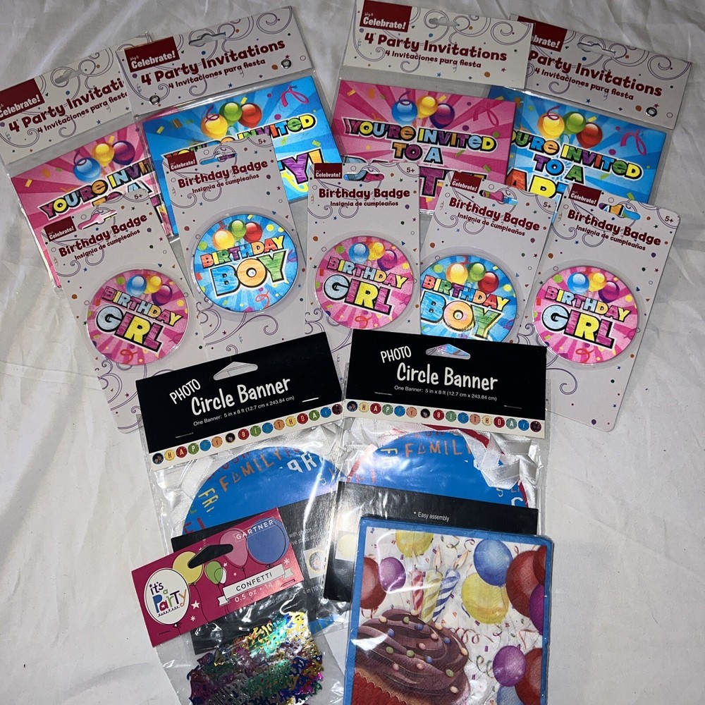 Birthday Party 14pc Bundle – Invitations-￼ Banners-Napkins-Confetti- Bday Badges