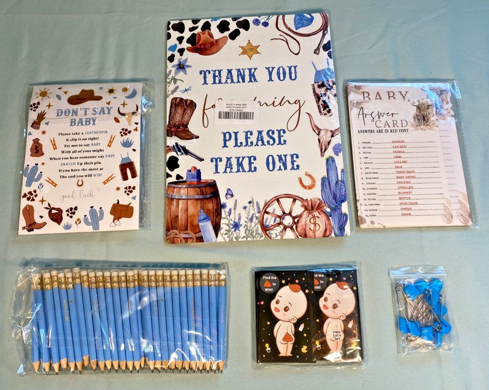183 Pcs- Baby Shower Games-Blue Pencils-Wooden Sign Cowboy Western & More NEW!