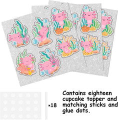 18Pcs Pink Glitter Cute Axolotl Dessert Cupcake Topper Pick for Cartoon Animal S